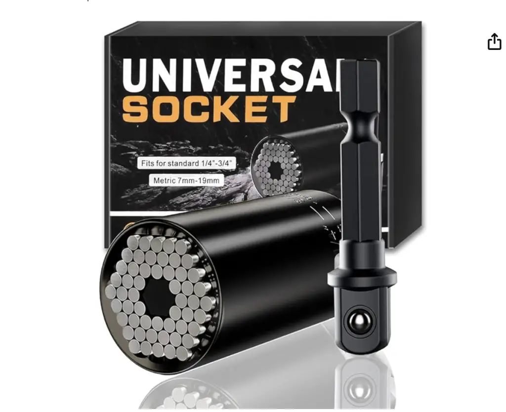 universal socket fits for standard 1/4 - 3/4 inch metric 7mm - 19mm with an image of a box and a small socket and a universal drill bit. 